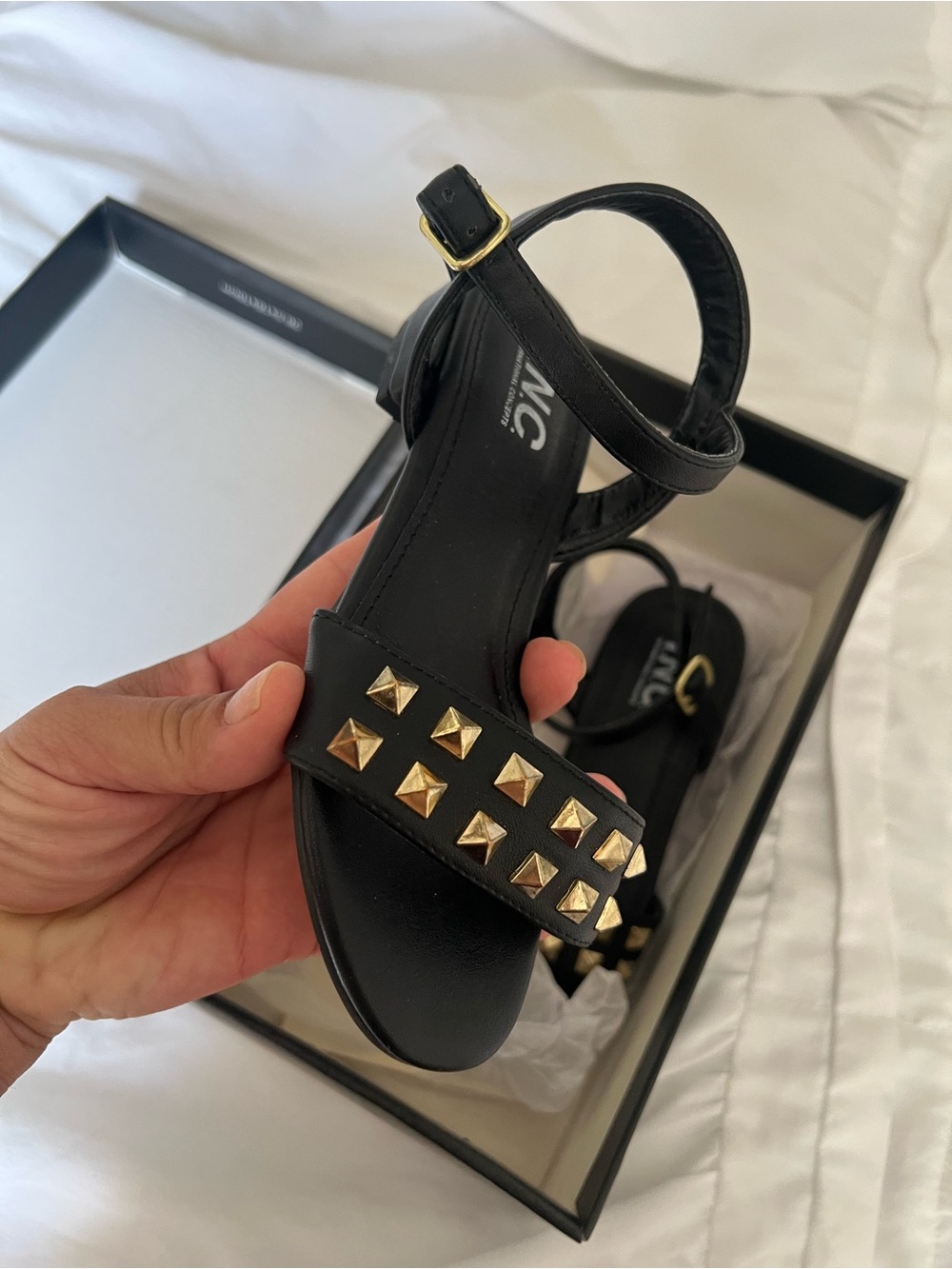 NYC Black Sandals with Gold Pyramid Studs